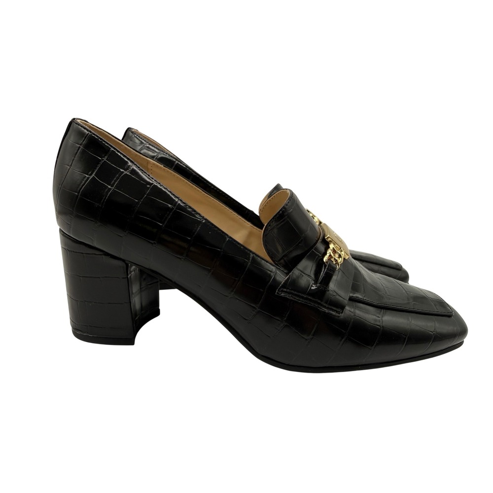 Liz Claiborne Melba Heeled Loafers Womens 9 Black NWT Croc Embossed Block Heel